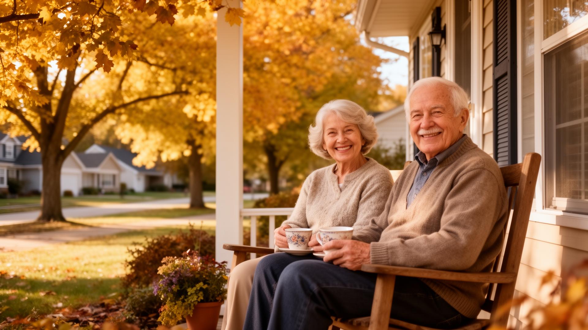 Senior couple enjoying autumn afternoon on the front porch of their Lake in the Hills home